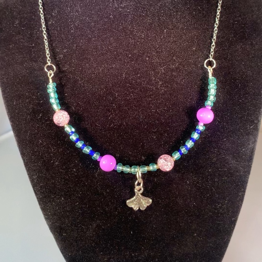 TRANQUIL MIST — Handmade Blue & Purple Glass Beaded Necklace with Ginkgo Charm